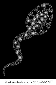 Glossy mesh infectious microbe with glare effect. Abstract illuminated model of infectious microbe icon. Shiny wire carcass polygonal mesh infectious microbe. Vector abstraction on a black background.