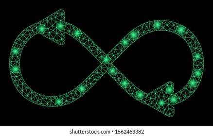 Glossy mesh infinite motion with glare effect. Abstract illuminated model of infinite motion icon. Shiny wire carcass polygonal mesh infinite motion. Vector abstraction on a black background.