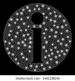 Glossy mesh info with glow effect. Abstract illuminated model of info icon. Shiny wire carcass polygonal mesh info. Vector abstraction on a black background.