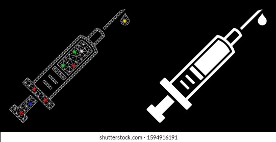 Glossy mesh injection icon with glitter effect. Abstract illuminated model of injection. Shiny wire frame polygonal mesh injection icon. Vector abstraction on a black background.