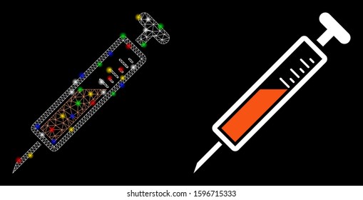 Glossy mesh injection icon with glow effect. Abstract illuminated model of injection. Shiny wire carcass polygonal mesh injection icon. Vector abstraction on a black background.