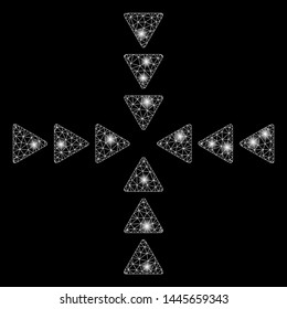 Glossy mesh inside direction with glitter effect. Abstract illuminated model of inside direction icon. Shiny wire carcass triangular mesh inside direction. Vector abstraction on a black background.