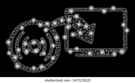 Glossy mesh install disc to PC with glare effect. Abstract illuminated model of install disc to PC icon. Shiny wire carcass polygonal mesh install disc to PC. Vector abstraction on a black background.