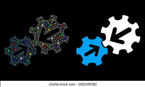 Glossy mesh integration icon with glow effect. Abstract illuminated model of integration. Shiny wire frame polygonal network integration icon. Vector abstraction on a black background.