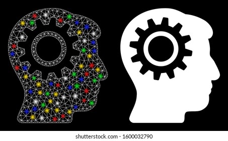 Glossy mesh intellect gear icon with glare effect. Abstract illuminated model of intellect gear. Shiny wire frame triangular network intellect gear icon. Vector abstraction on a black background.
