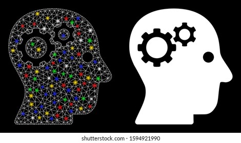 Glossy mesh intellect gears icon with glitter effect. Abstract illuminated model of intellect gears. Shiny wire carcass triangular mesh intellect gears icon. Vector abstraction on a black background.