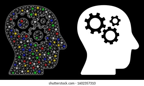 Glossy mesh intellect gears icon with sparkle effect. Abstract illuminated model of intellect gears. Shiny wire frame triangular mesh intellect gears icon. Vector abstraction on a black background.