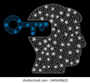 Glossy mesh intellect key with glare effect. Abstract illuminated model of intellect key icon. Shiny wire frame triangular mesh intellect key. Vector abstraction on a black background.