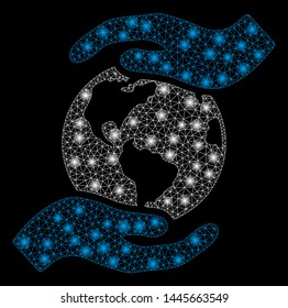 Glossy mesh international care with glow effect. Abstract illuminated model of international care icon. Shiny wire frame polygonal network international care. Vector abstraction on a black background.