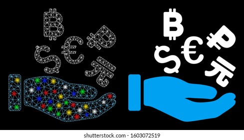 Glossy mesh international investment hand icon with glitter effect. Abstract illuminated model of international investment hand 