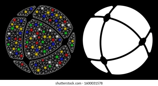 Glossy mesh internet sphere icon with lightspot effect. Abstract illuminated model of internet sphere. Shiny wire frame triangular mesh internet sphere icon. Vector abstraction on a black background.