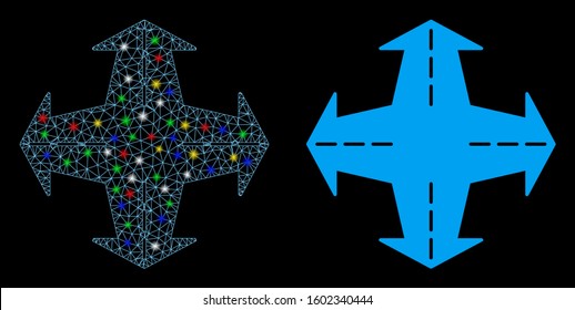 Glossy mesh intersection directions icon with lightspot effect. Abstract illuminated model of intersection directions. Shiny wire carcass polygonal network intersection directions icon.