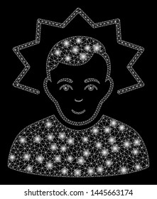 Glossy mesh inventor with glare effect. Abstract illuminated model of inventor icon. Shiny wire frame triangular mesh inventor. Vector abstraction on a black background.