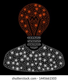 Glossy mesh inventor with lightspot effect. Abstract illuminated model of inventor icon. Shiny wire carcass polygonal mesh inventor. Vector abstraction on a black background.
