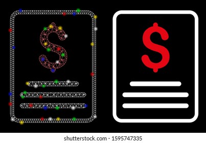 Glossy mesh invoice budget icon with lightspot effect. Abstract illuminated model of invoice budget. Shiny wire carcass triangular mesh invoice budget icon. Vector abstraction on a black background.