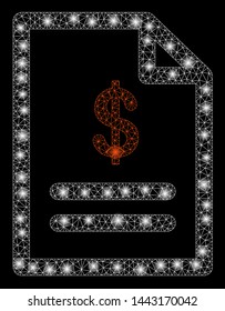 Glossy mesh invoice with lightspot effect. Abstract illuminated model of invoice icon. Shiny wire carcass polygonal mesh invoice. Vector abstraction on a black background.