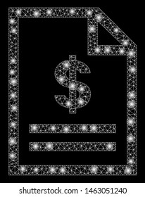 Glossy mesh invoice page with glitter effect. Abstract illuminated model of invoice page icon. Shiny wire carcass polygonal mesh invoice page. Vector abstraction on a black background.