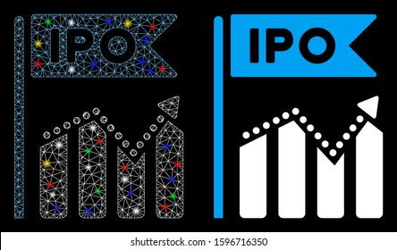 Glossy mesh IPO chart icon with lightspot effect. Abstract illuminated model of IPO chart. Shiny wire frame polygonal mesh IPO chart icon. Vector abstraction on a black background.