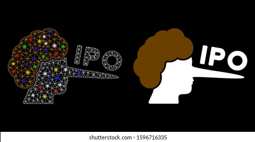 Glossy mesh IPO liar icon with glow effect. Abstract illuminated model of IPO liar. Shiny wire carcass triangular mesh IPO liar icon. Vector abstraction on a black background.