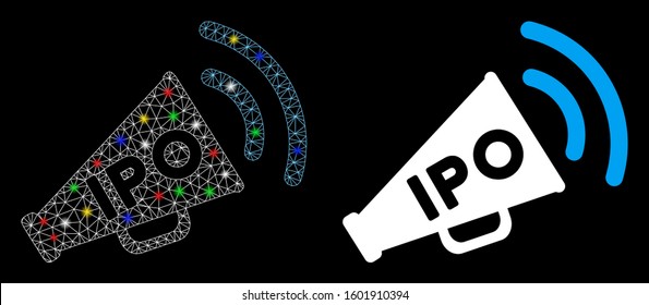 Glossy mesh IPO news megaphone icon with lightspot effect. Abstract illuminated model of IPO news megaphone. Shiny wire frame polygonal mesh IPO news megaphone icon.