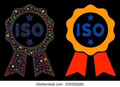 Glossy mesh ISO certified icon with glare effect. Abstract illuminated model of ISO certified. Shiny wire carcass polygonal mesh ISO certified icon. Vector abstraction on a black background.