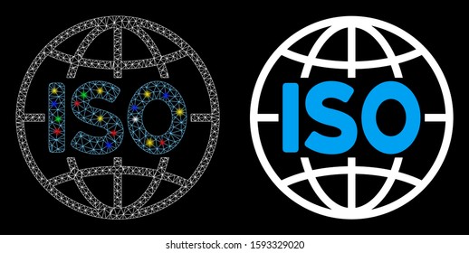 Glossy mesh ISO standards icon with glitter effect. Abstract illuminated model of ISO standards. Shiny wire frame polygonal network ISO standards icon. Vector abstraction on a black background.