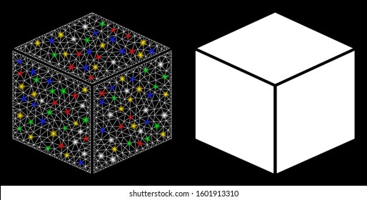 Glossy mesh isometric cube icon with lightspot effect. Abstract illuminated model of isometric cube. Shiny wire frame triangular mesh isometric cube icon. Vector abstraction on a black background.