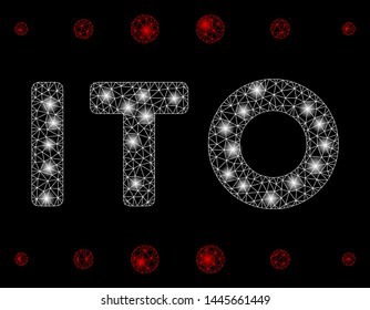 Glossy mesh ITO caption with glitter effect. Abstract illuminated model of ITO caption icon. Shiny wire carcass polygonal network ITO caption. Vector abstraction on a black background.