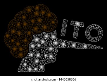Glossy mesh ITO lier with lightspot effect. Abstract illuminated model of ITO lier icon. Shiny wire frame triangular mesh ITO lier. Vector abstraction on a black background.