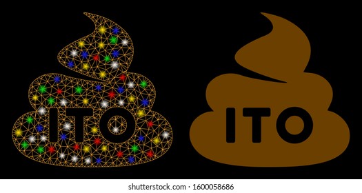Glossy mesh ITO shit icon with lightspot effect. Abstract illuminated model of ITO shit. Shiny wire carcass triangular mesh ITO shit icon. Vector abstraction on a black background.
