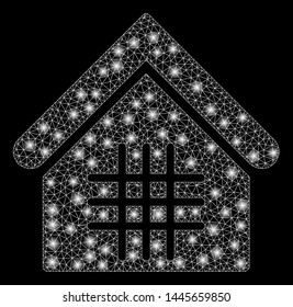 Glossy mesh jail with glare effect. Abstract illuminated model of jail icon. Shiny wire carcass triangular network jail. Vector abstraction on a black background.