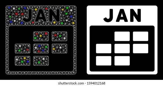 Glossy mesh January calendar grid icon with glare effect. Abstract illuminated model of January calendar grid. Shiny wire carcass polygonal mesh January calendar grid icon.