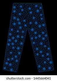 Glossy mesh jeans with glow effect. Abstract illuminated model of jeans icon. Shiny wire carcass triangular mesh jeans. Vector abstraction on a black background.