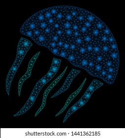 Glossy mesh jellyfish with glitter effect. Abstract illuminated model of jellyfish icon. Shiny wire carcass triangular mesh jellyfish. Vector abstraction on a black background.