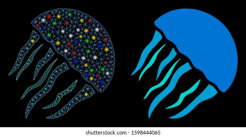 Glossy mesh jellyfish icon with glare effect. Abstract illuminated model of jellyfish. Shiny wire carcass polygonal mesh jellyfish icon. Vector abstraction on a black background.