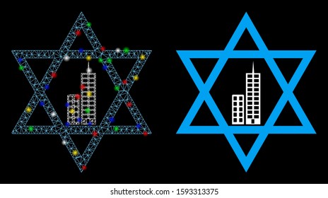 Glossy mesh Jerusalem star icon with glow effect. Abstract illuminated model of Jerusalem star. Shiny wire frame polygonal mesh Jerusalem star icon. Vector abstraction on a black background.