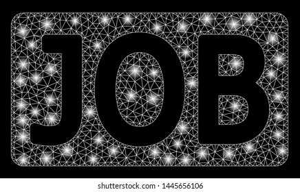 Glossy mesh job caption with sparkle effect. Abstract illuminated model of job caption icon. Shiny wire frame polygonal mesh job caption. Vector abstraction on a black background.