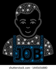 Glossy mesh jobless with glare effect. Abstract illuminated model of jobless icon. Shiny wire carcass polygonal mesh jobless. Vector abstraction on a black background.