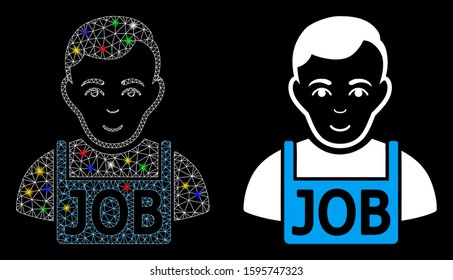Glossy mesh jobless icon with sparkle effect. Abstract illuminated model of jobless. Shiny wire frame triangular mesh jobless icon. Vector abstraction on a black background.