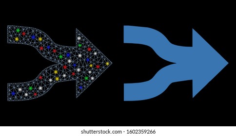 Glossy mesh join arrows icon with glitter effect. Abstract illuminated model of join arrows. Shiny wire carcass polygonal mesh join arrows icon. Vector abstraction on a black background.