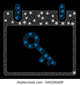 Glossy mesh key calendar day with glitter effect. Abstract illuminated model of key calendar day icon. Shiny wire frame polygonal mesh key calendar day. Vector abstraction on a black background.