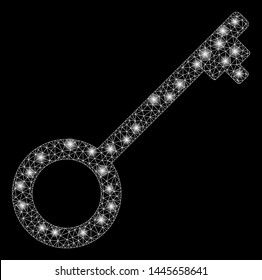 Glossy mesh key with glow effect. Abstract illuminated model of key icon. Shiny wire frame triangular mesh key. Vector abstraction on a black background.