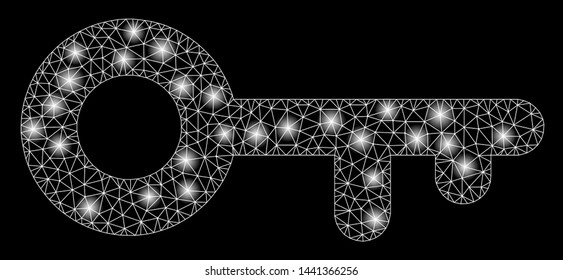 Glossy mesh key with lightspot effect. Abstract illuminated model of key icon. Shiny wire frame triangular mesh key. Vector abstraction on a black background.