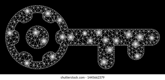 Glossy mesh key options with sparkle effect. Abstract illuminated model of key options icon. Shiny wire carcass polygonal mesh key options. Vector abstraction on a black background.