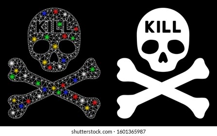 Glossy mesh kill death icon with glare effect. Abstract illuminated model of kill death. Shiny wire carcass triangular mesh kill death icon. Vector abstraction on a black background.