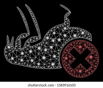 Glossy mesh kill flea with glow effect. Abstract illuminated model of kill flea icon. Shiny wire carcass triangular mesh kill flea. Vector abstraction on a black background.