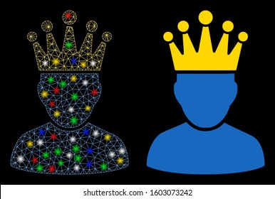 Glossy mesh king admin icon with glow effect. Abstract illuminated model of king admin. Shiny wire frame triangular mesh king admin icon. Vector abstraction on a black background.