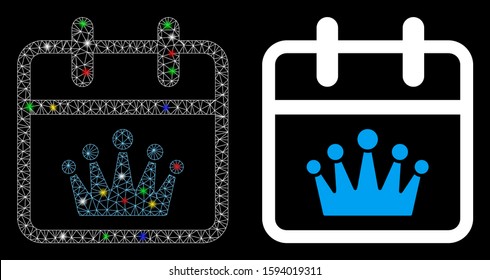 Glossy mesh king day icon with lightspot effect. Abstract illuminated model of king day. Shiny wire frame triangular mesh king day icon. Vector abstraction on a black background.