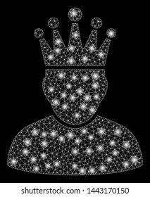 Glossy mesh king with glare effect. Abstract illuminated model of king icon. Shiny wire frame polygonal mesh king. Vector abstraction on a black background. Abstract 2d mesh built from polygonal grid,