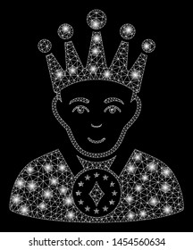 Glossy mesh king with glow effect. Abstract illuminated model of king icon. Shiny wire frame polygonal mesh king. Vector abstraction on a black background. Abstract 2d mesh built from polygonal grid,
